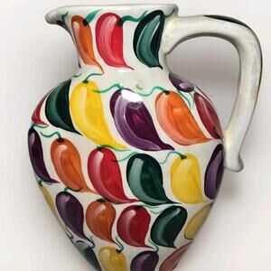 Hand Painted Chili Pepper Ceramic Pitcher Vase – Large Mexican Folk Art 12 "